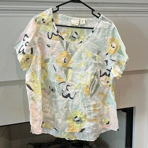 Rachel Zoe Womens Floral Print Linen Top Plus Size 1X Multicolor Short Sleeve